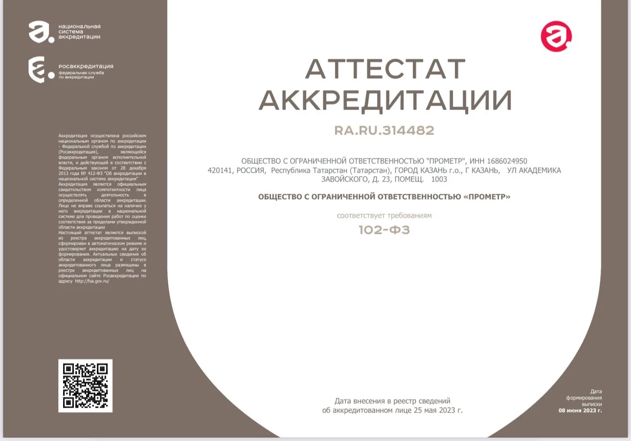 Аттестат аккредитации ООО ПРОМЕТР RA.RU.314482